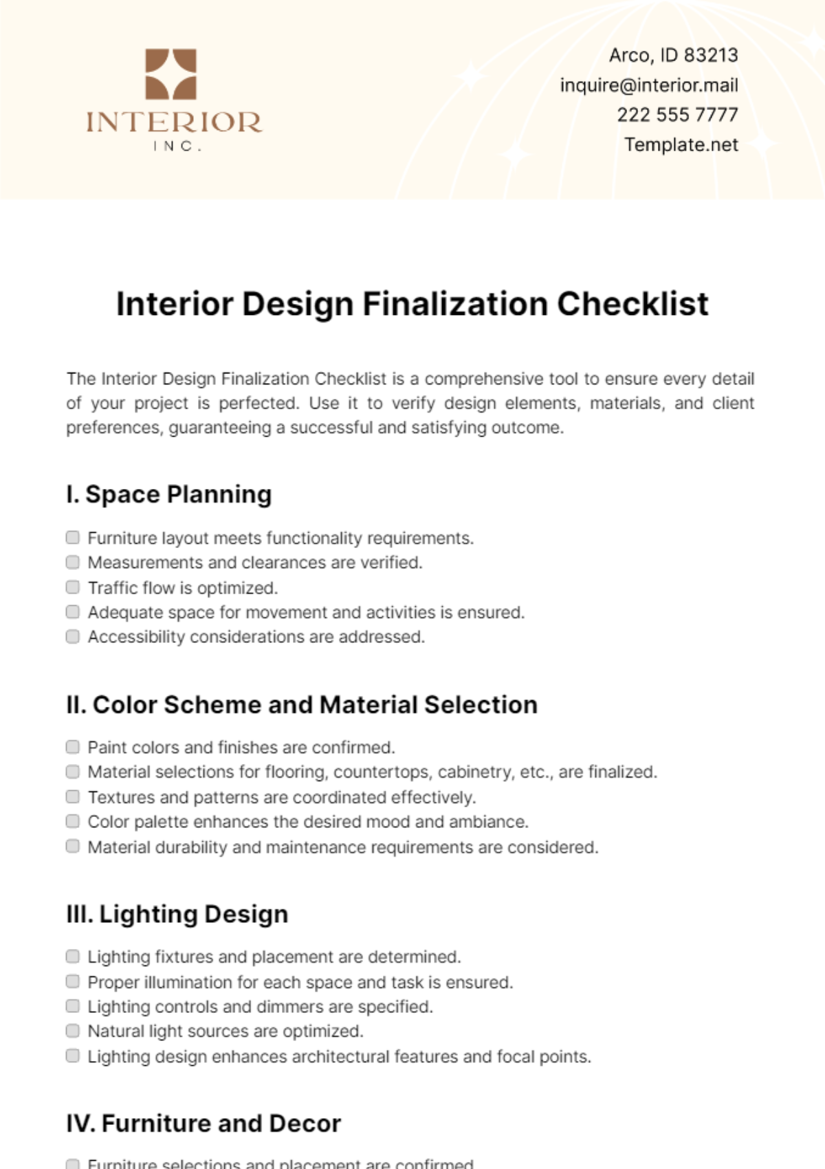 Free Interior Design Finalization Checklist Template