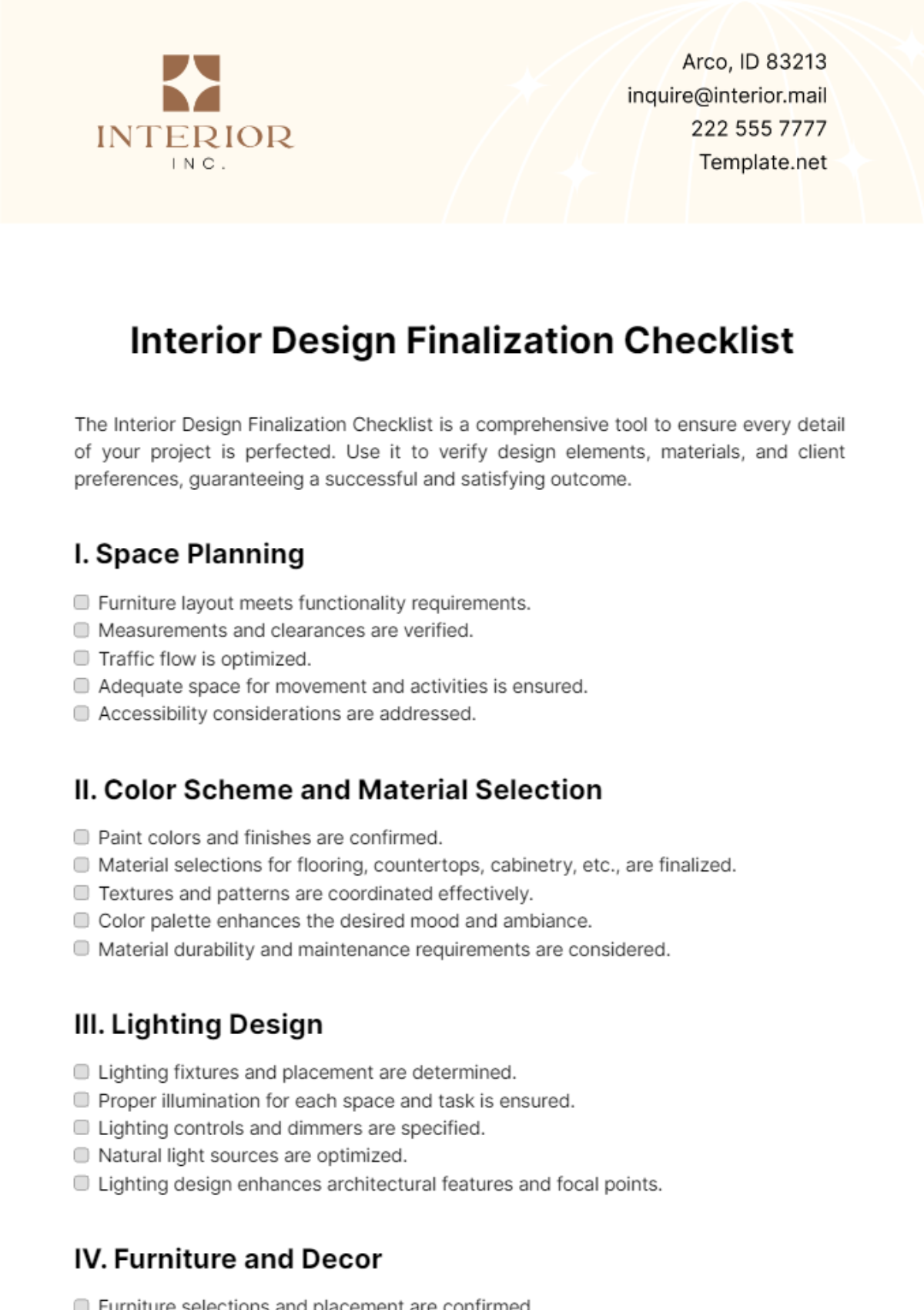 Interior Design Finalization Checklist Template - Edit Online & Download