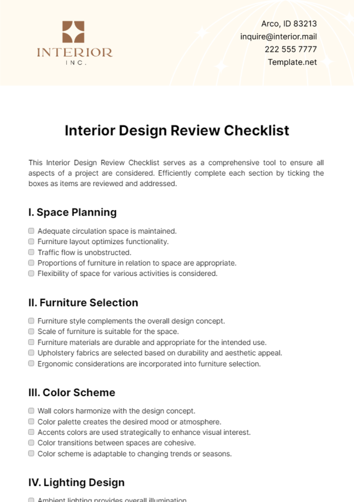 Free Interior Design Review Checklist Template