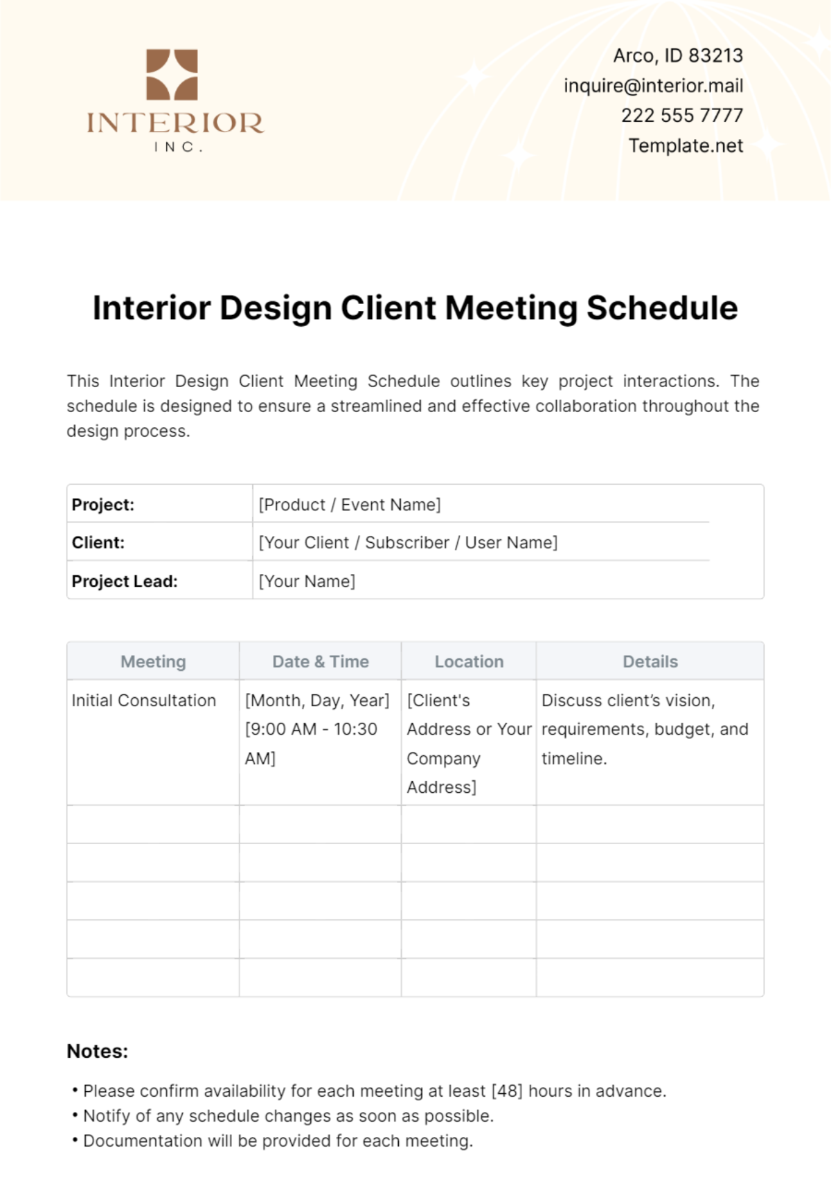 Interior Design Client Meeting Schedule Template - Edit Online & Download