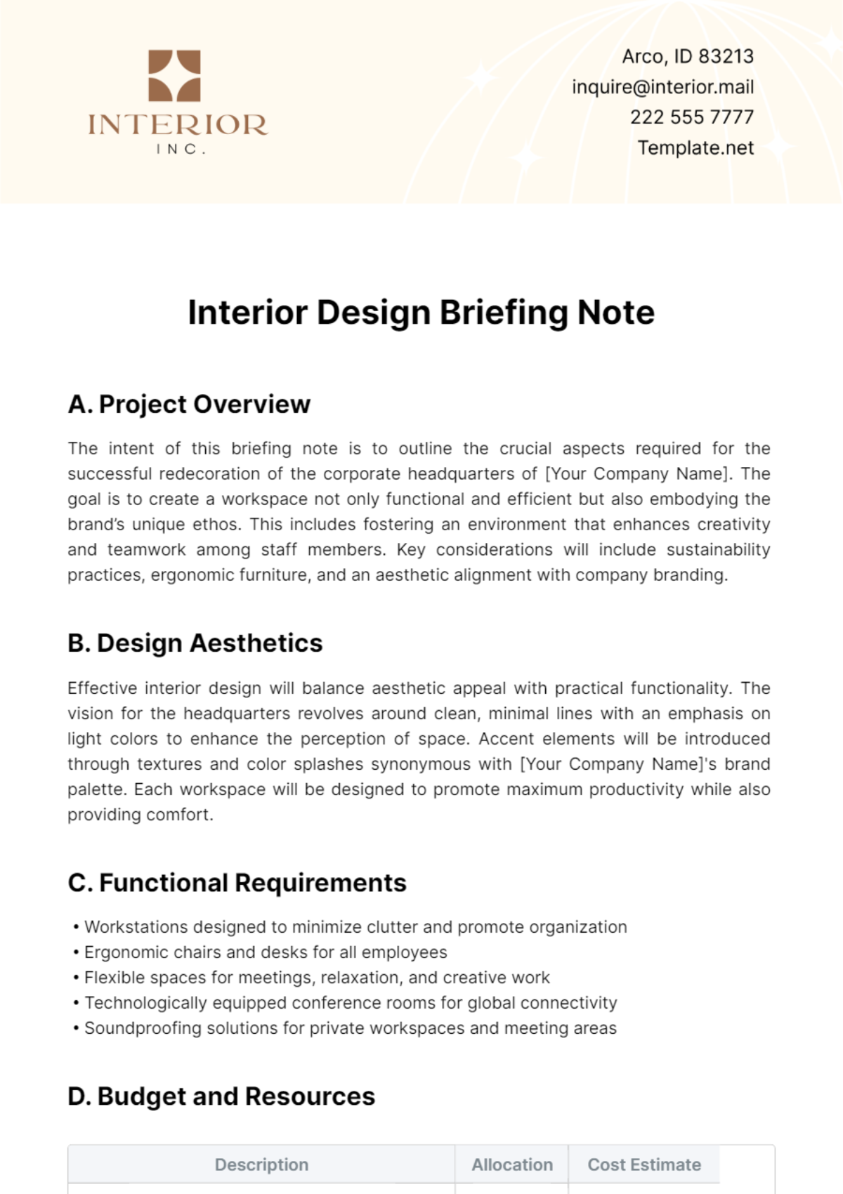 Interior Design Briefing Note Template