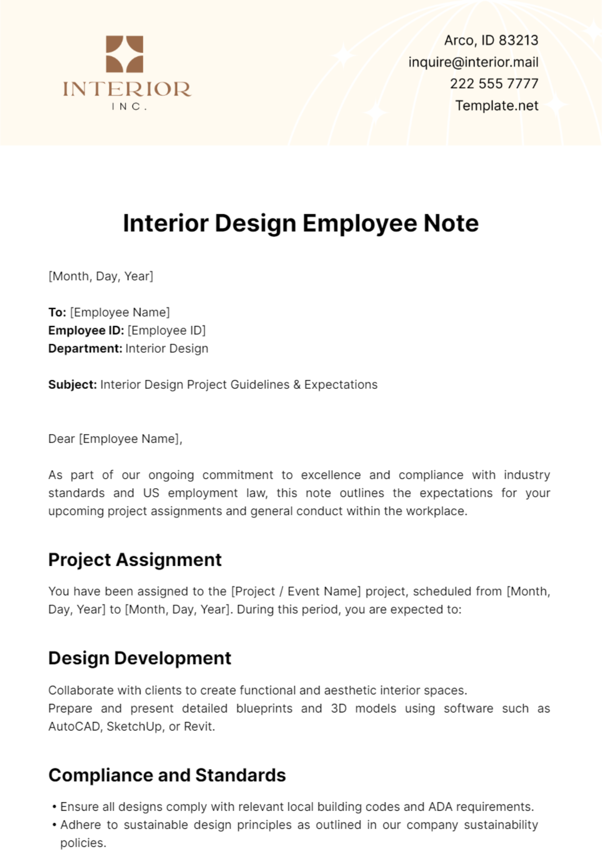 Interior Design Employee Note Template