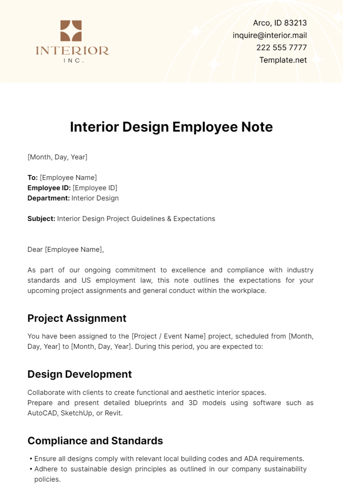 Interior Design Employee Note Template - Edit Online & Download