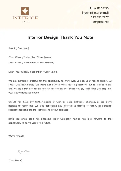 Free Interior Design Thank You Note Template to Edit Online