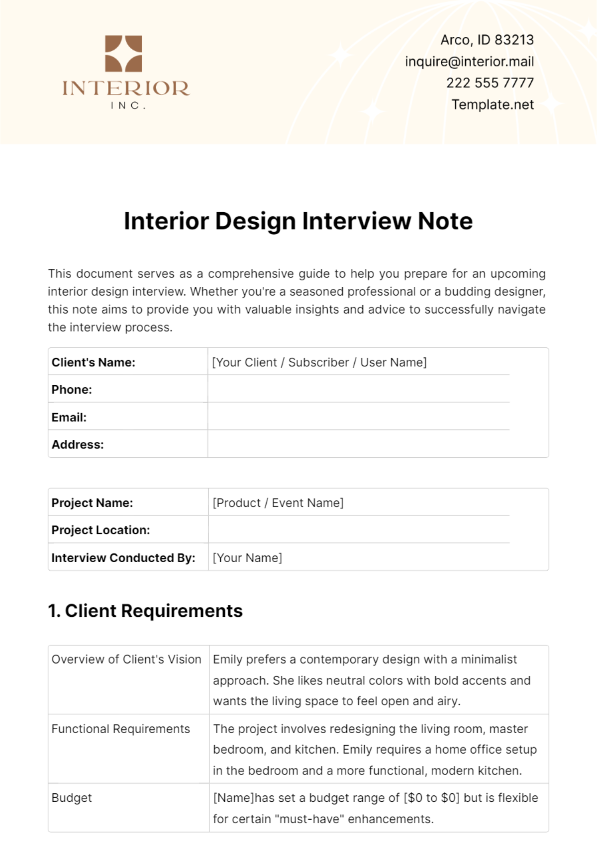 Interior Design Interview Note Template - Edit Online & Download