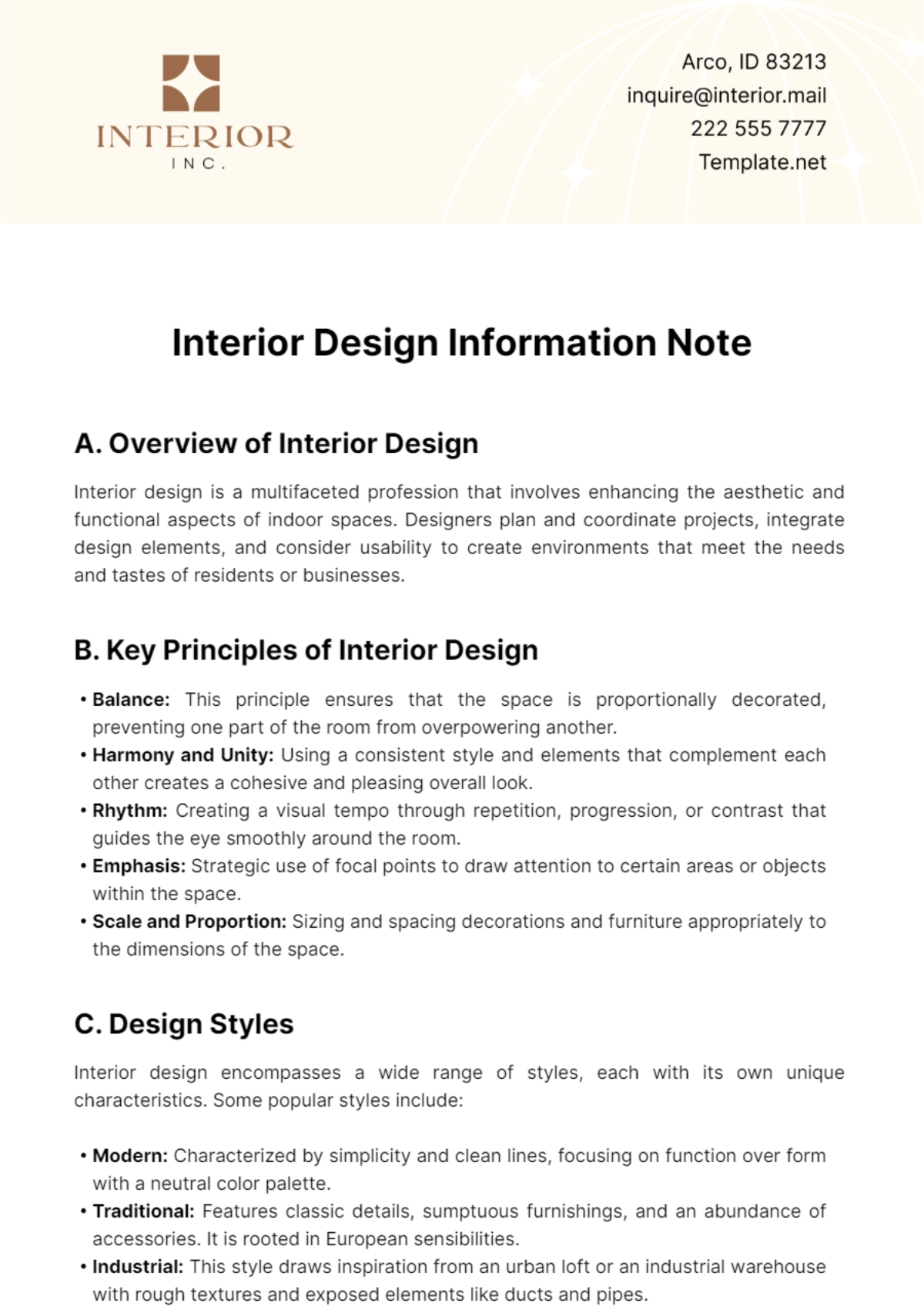 Interior Design Information Note Template - Edit Online & Download