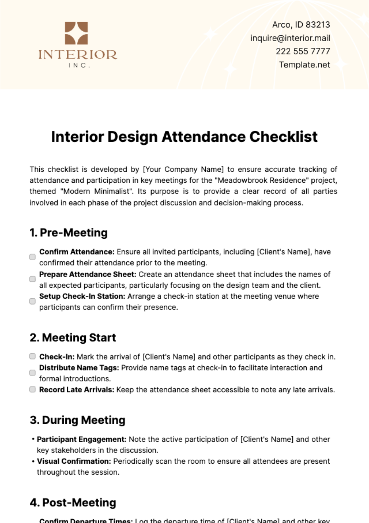 Free Interior Design Attendance Checklist Template