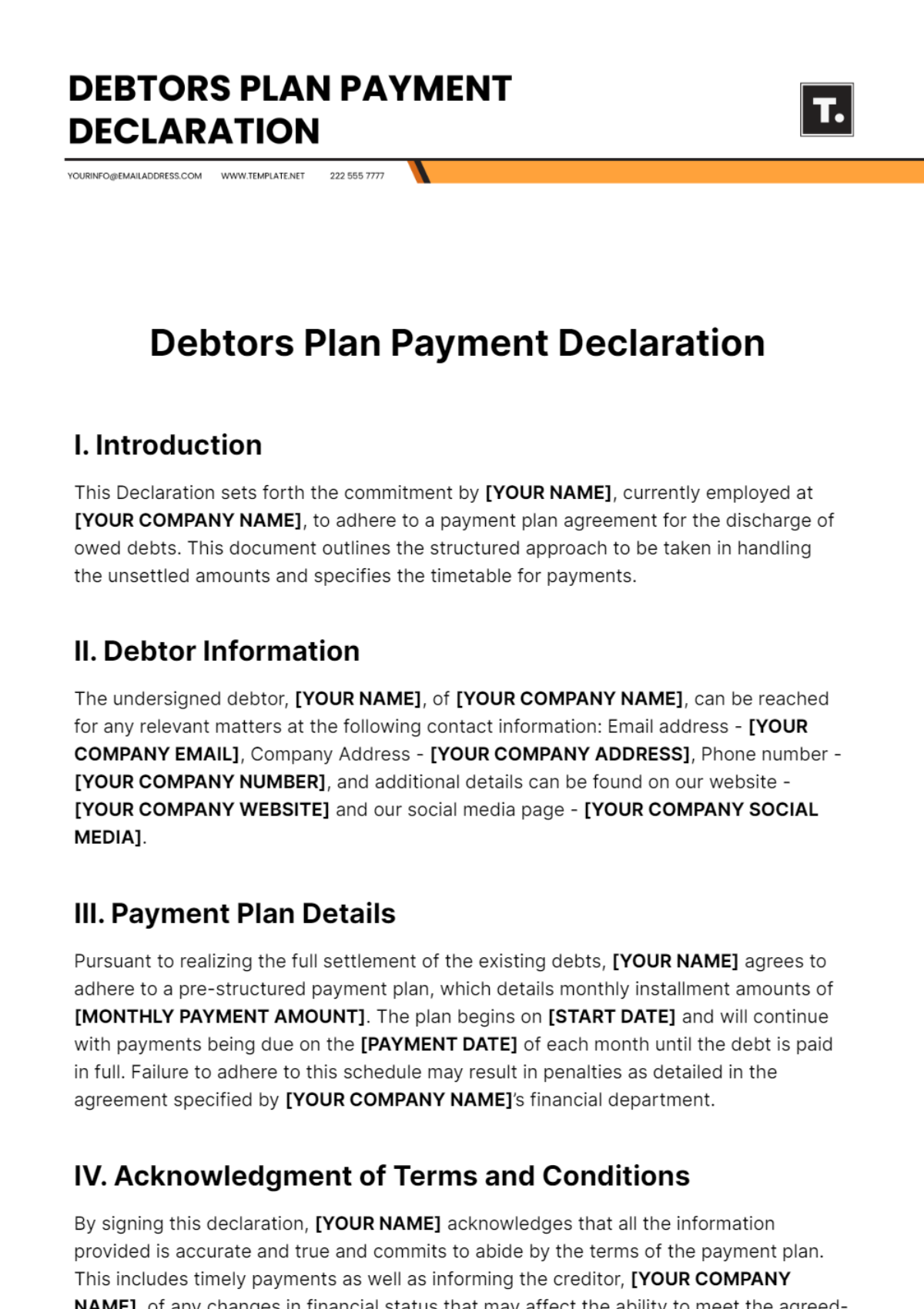 Debtors Plan Payment Declaration Template