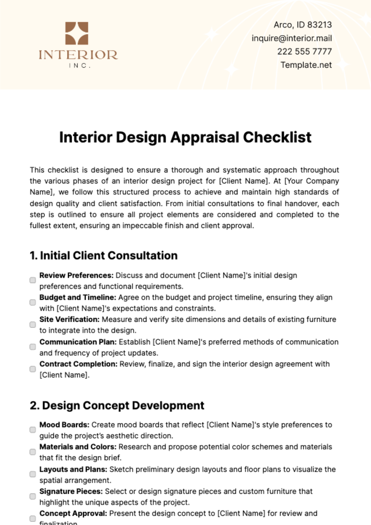 Interior Design Appraisal Checklist Template