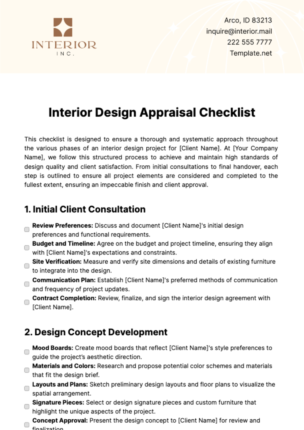 Interior Design Appraisal Checklist Template - Edit Online & Download