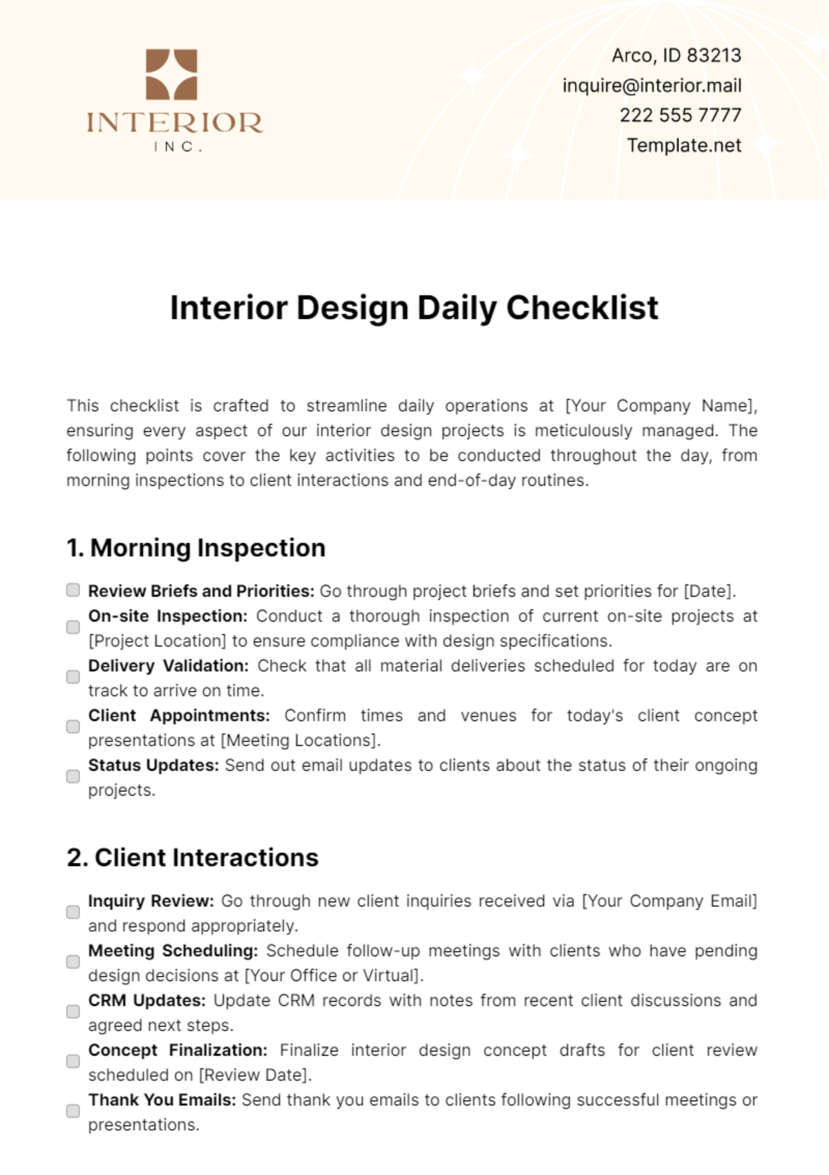 Free Interior Design Daily Checklist Template