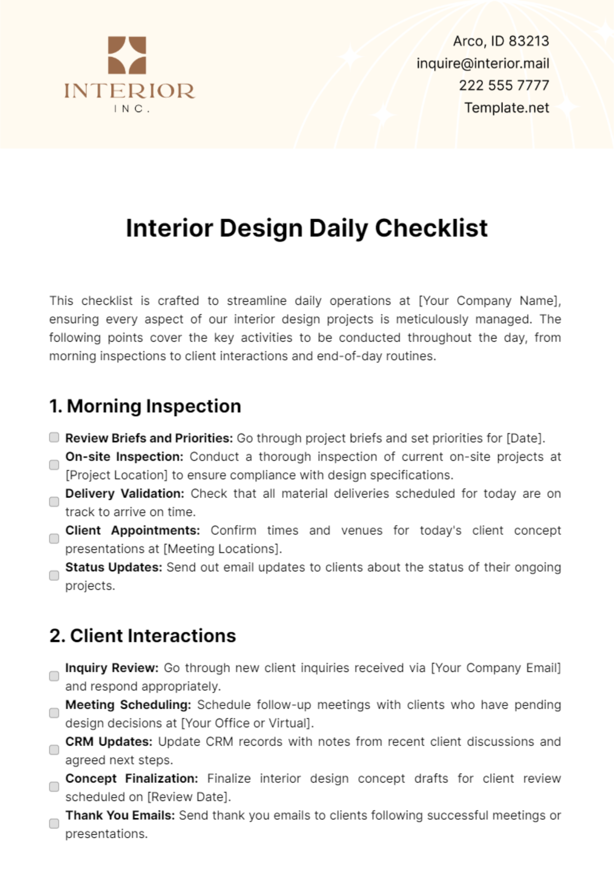 Interior Design Daily Checklist Template - Edit Online & Download