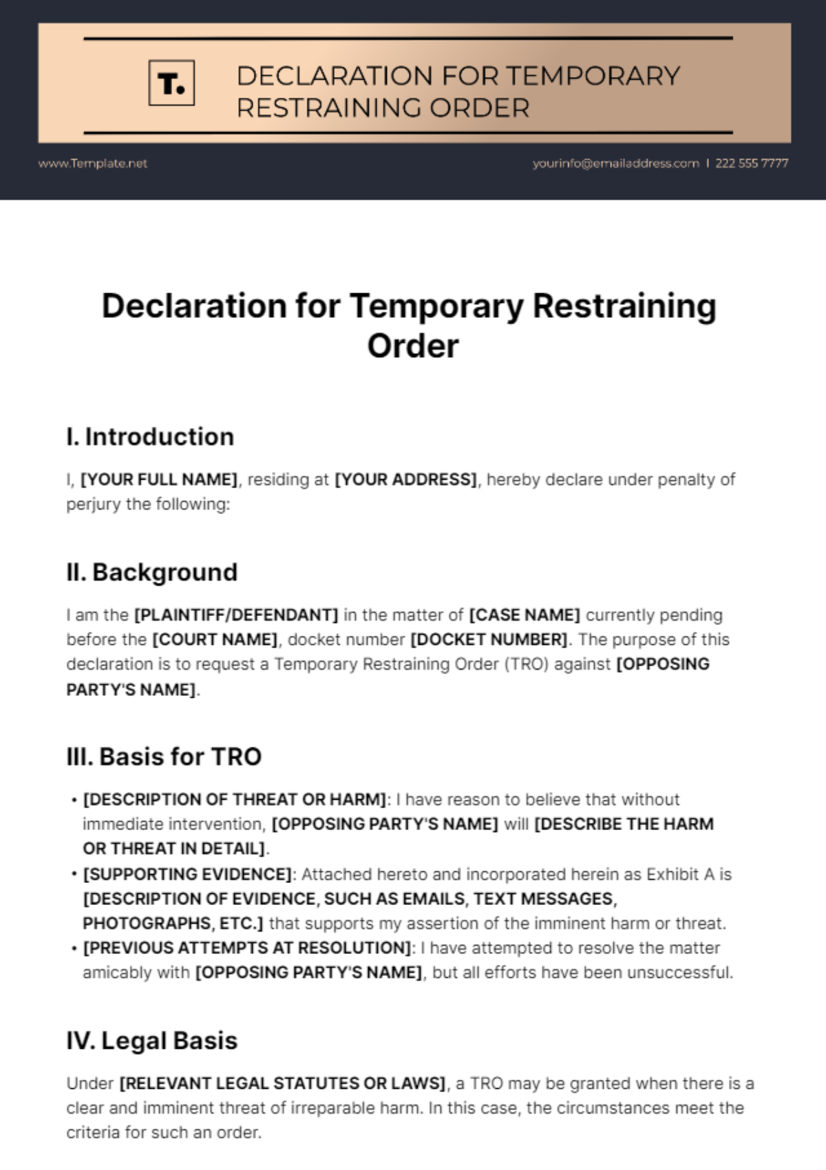 Declaration for Temporary Restraining Order Template