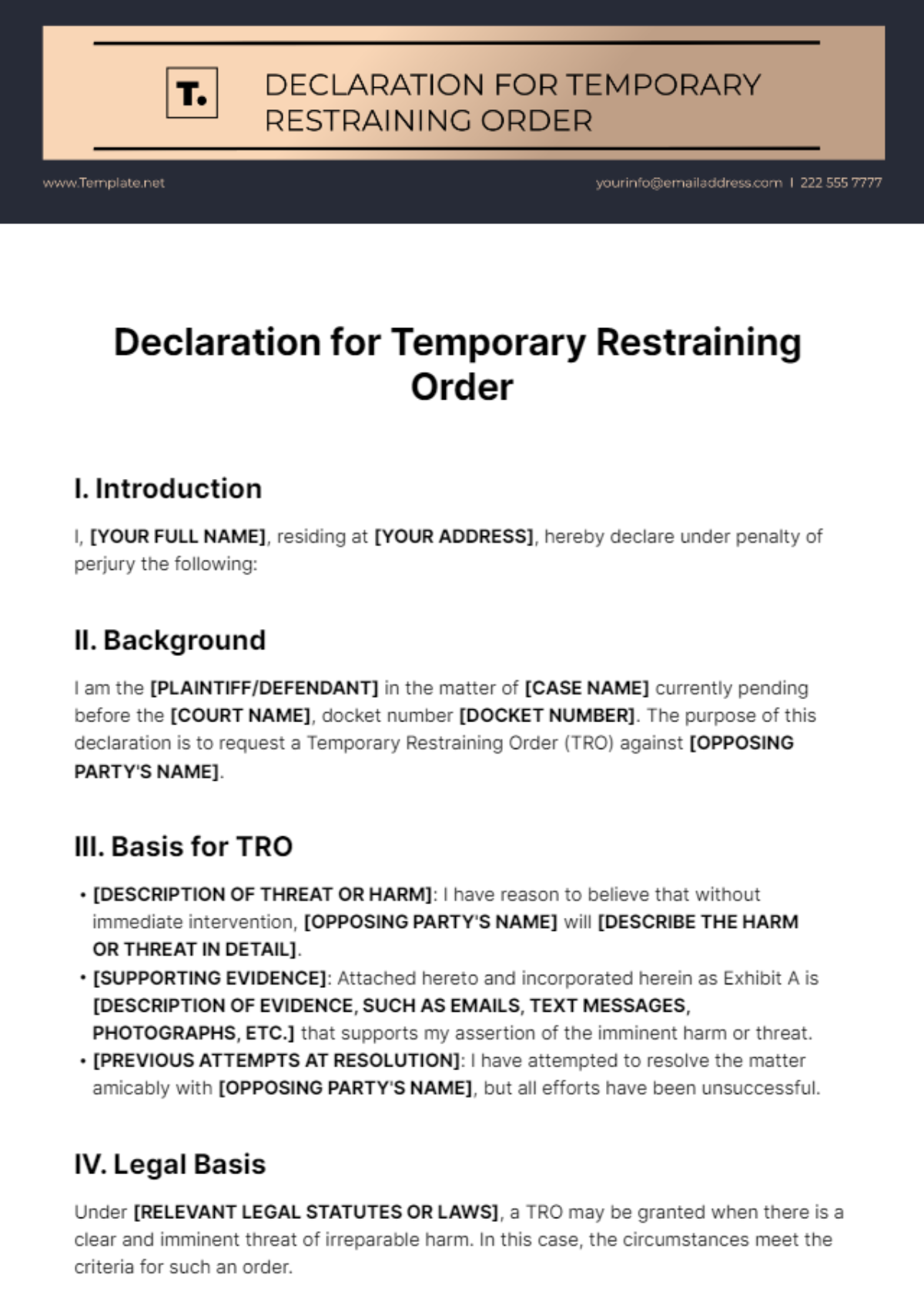 Declaration for Temporary Restraining Order Template - Edit Online & Download