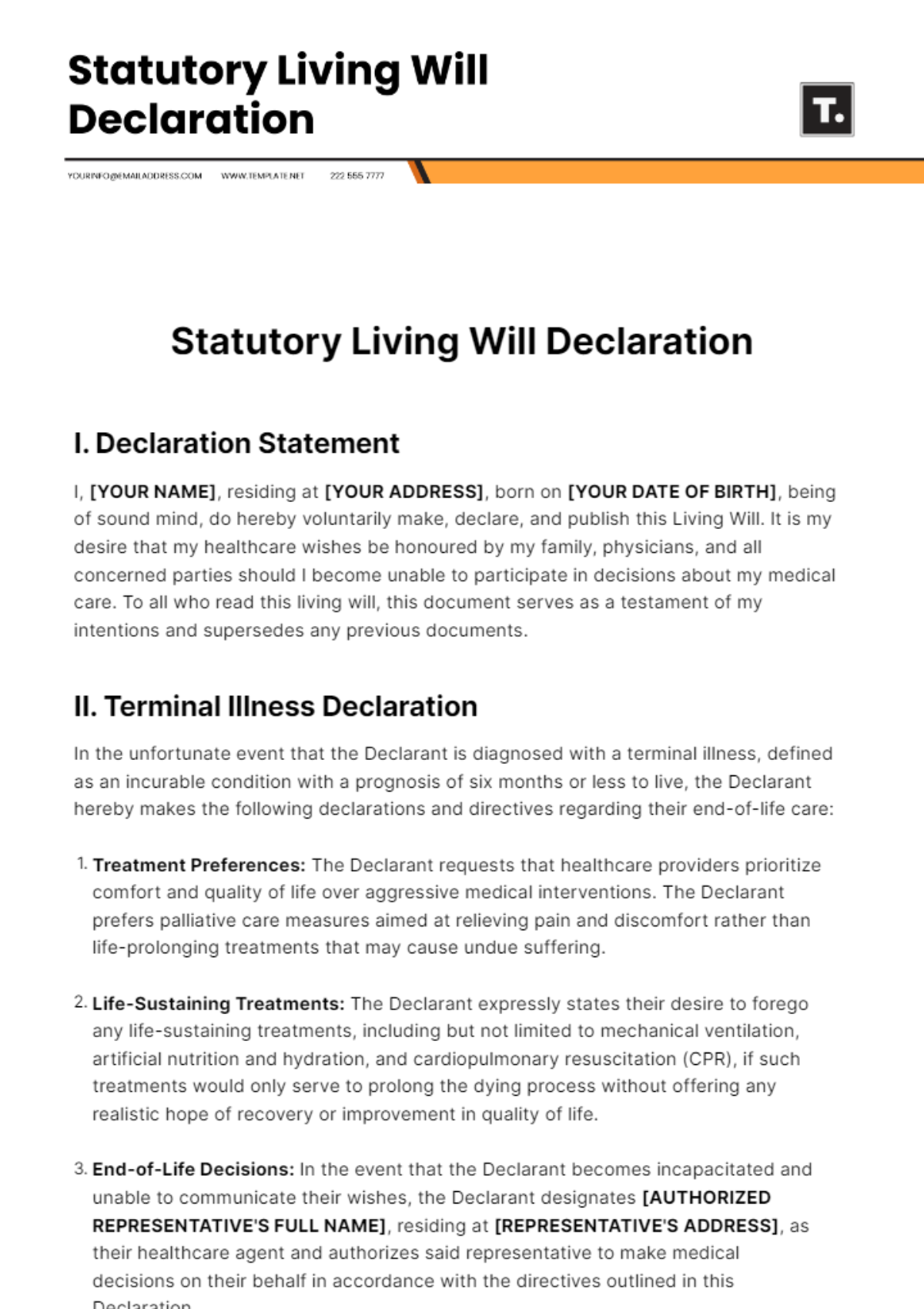 Statutory Living Will Declaration Template