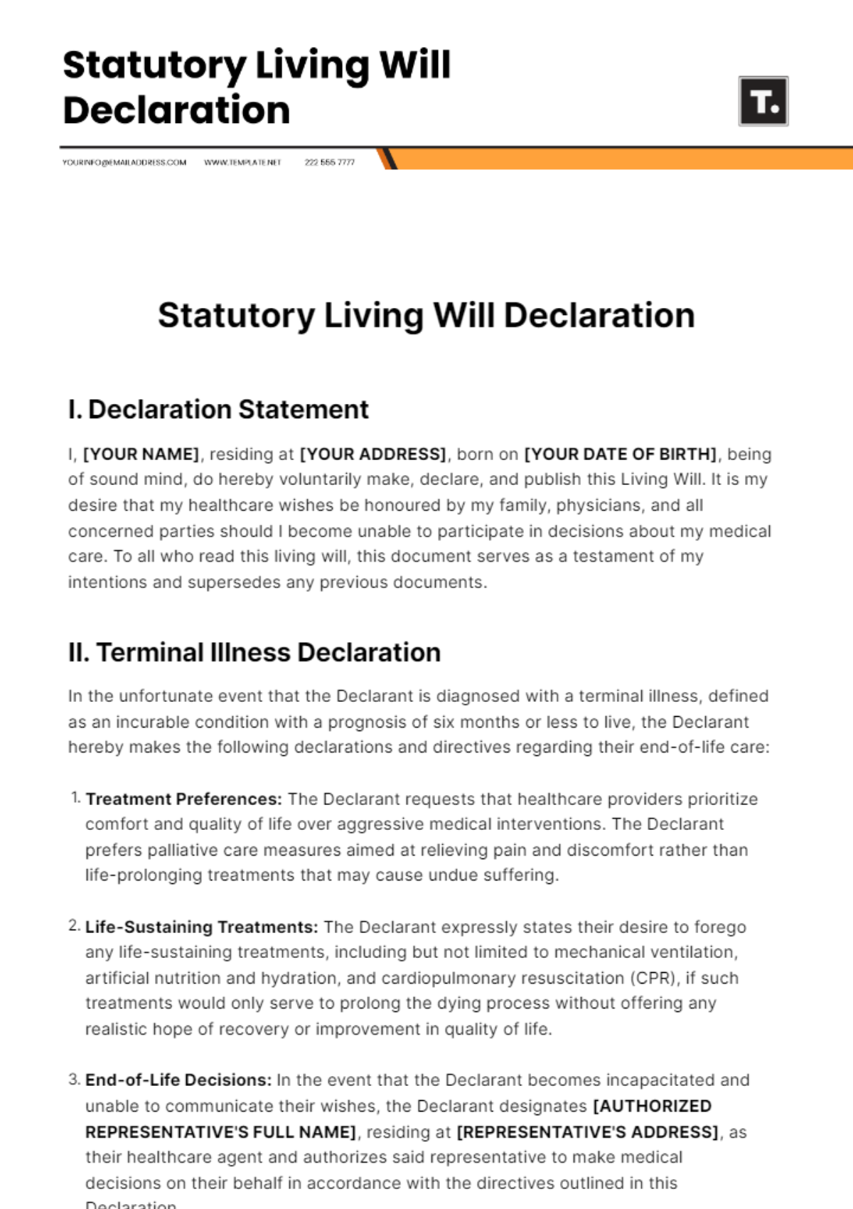 Free Statutory Living Will Declaration Template