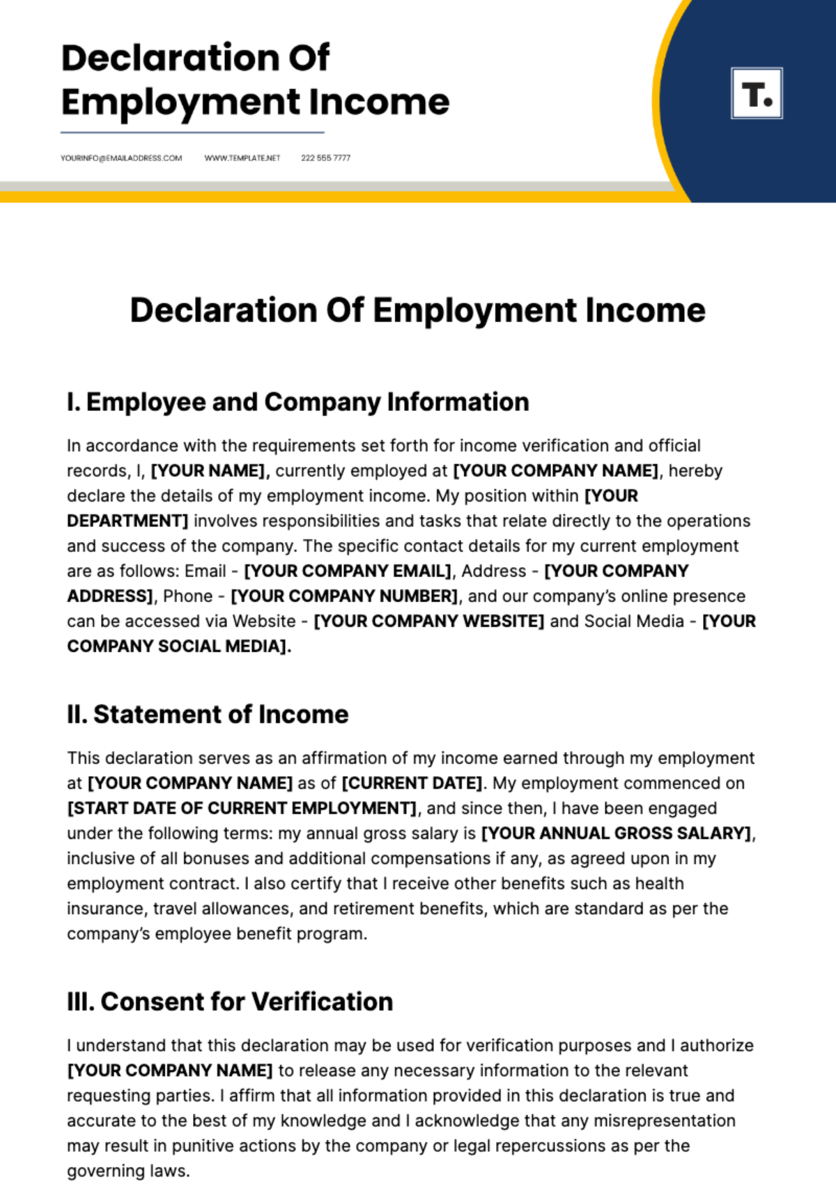 Declaration Of Employment Income Template