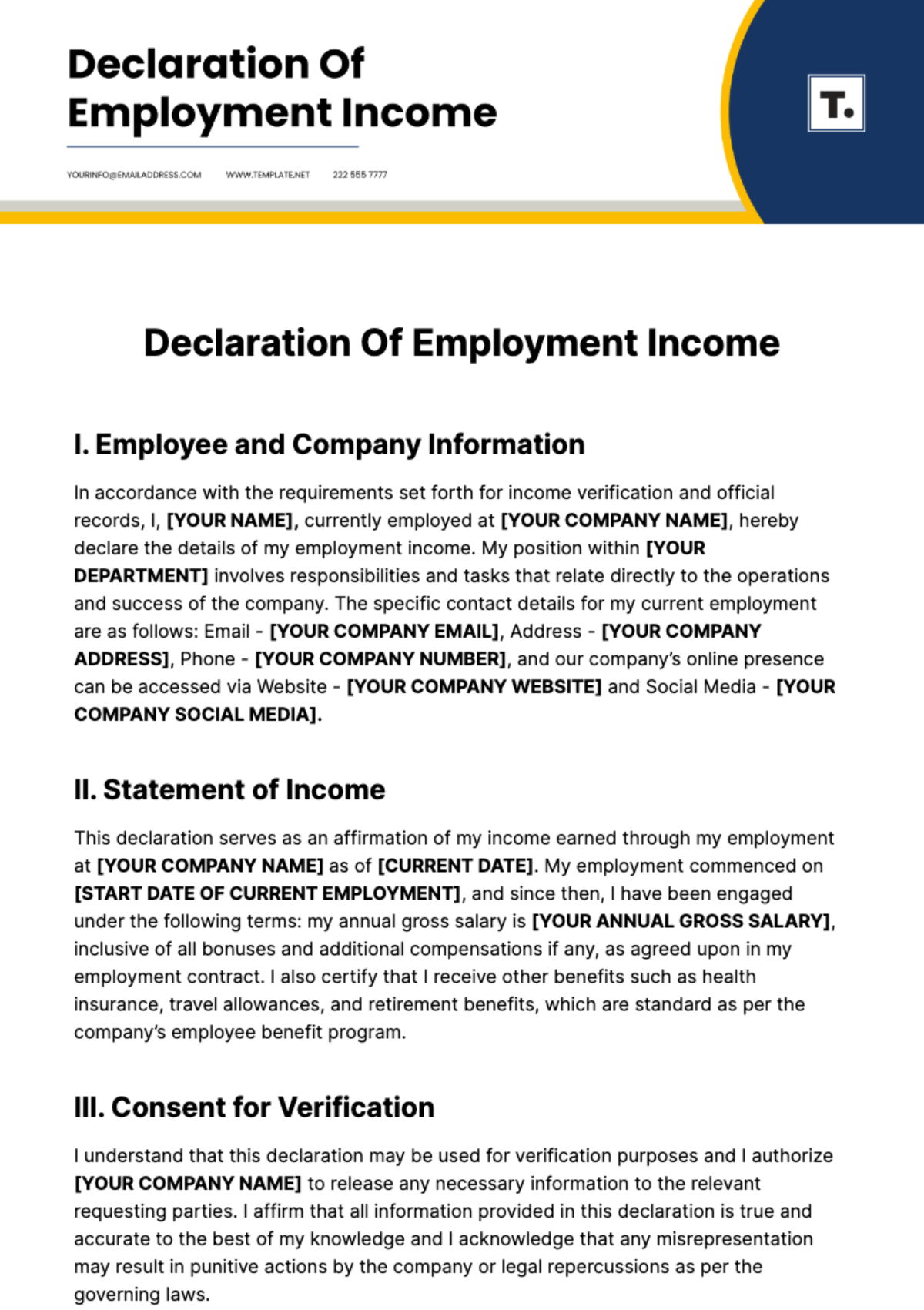 Declaration Of Employment Income Template - Edit Online & Download