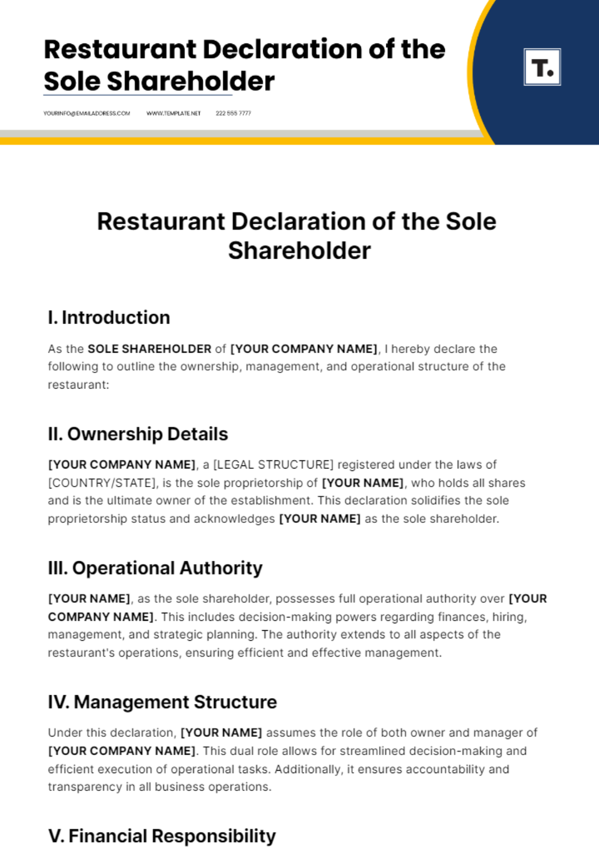 Restaurant Declaration of the Sole Shareholder Template