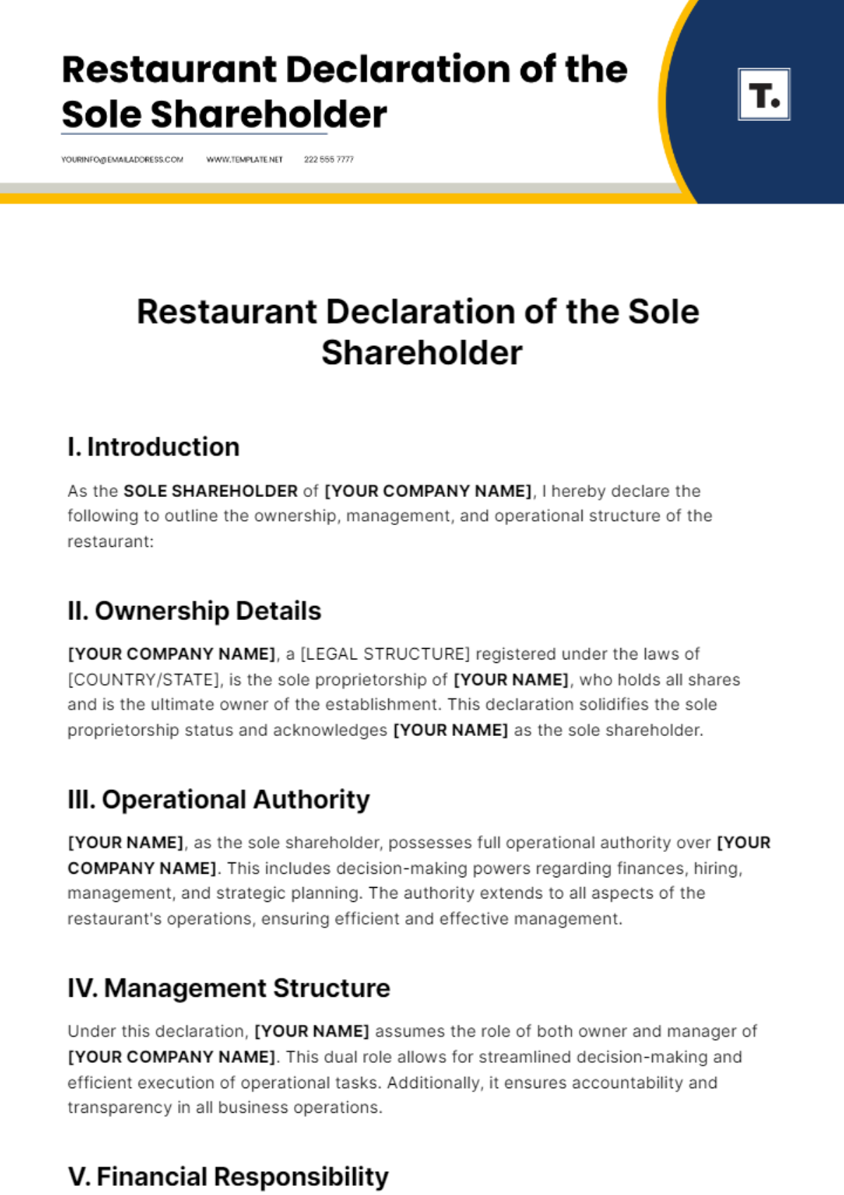 Restaurant Declaration of the Sole Shareholder Template - Edit Online & Download