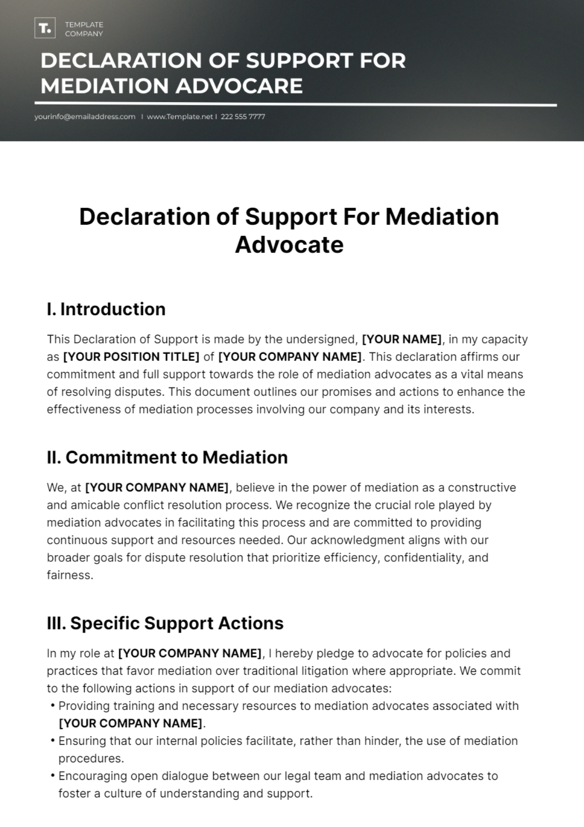 Declaration of Support For Mediation Advocate Template