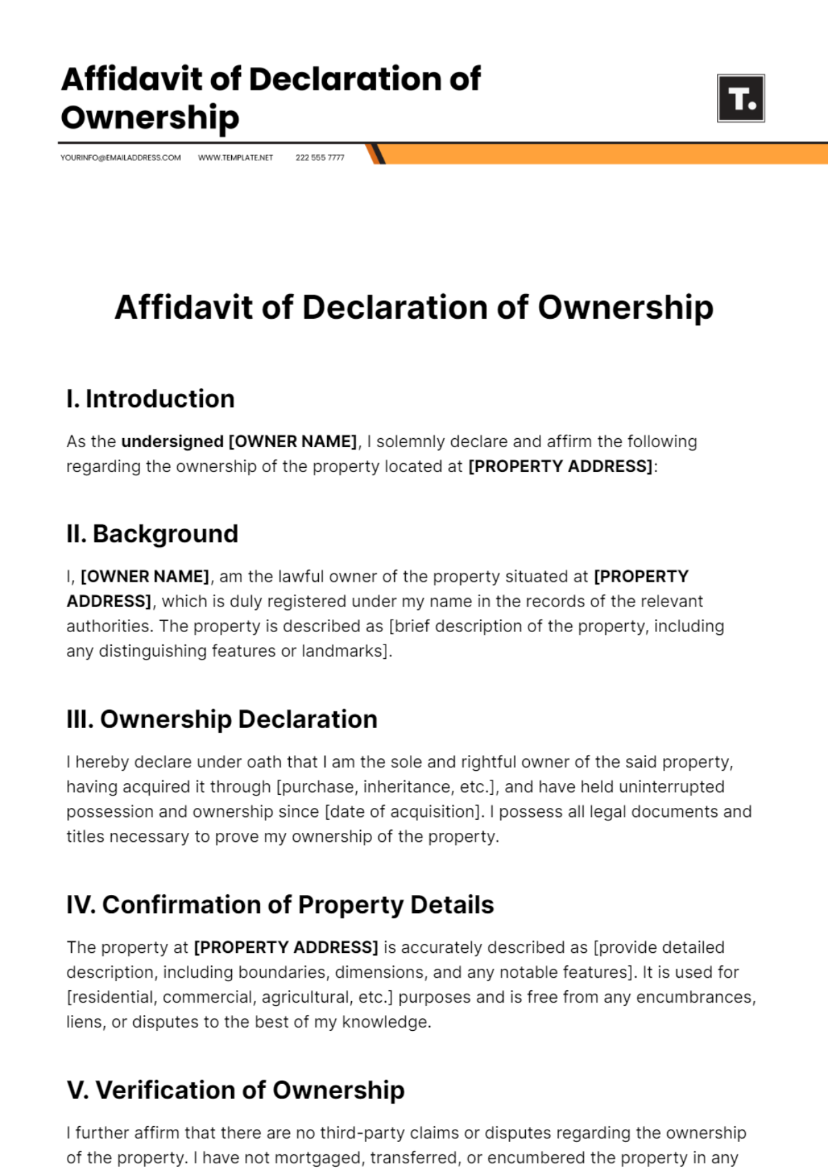 Affidavit of Declaration of Ownership Template