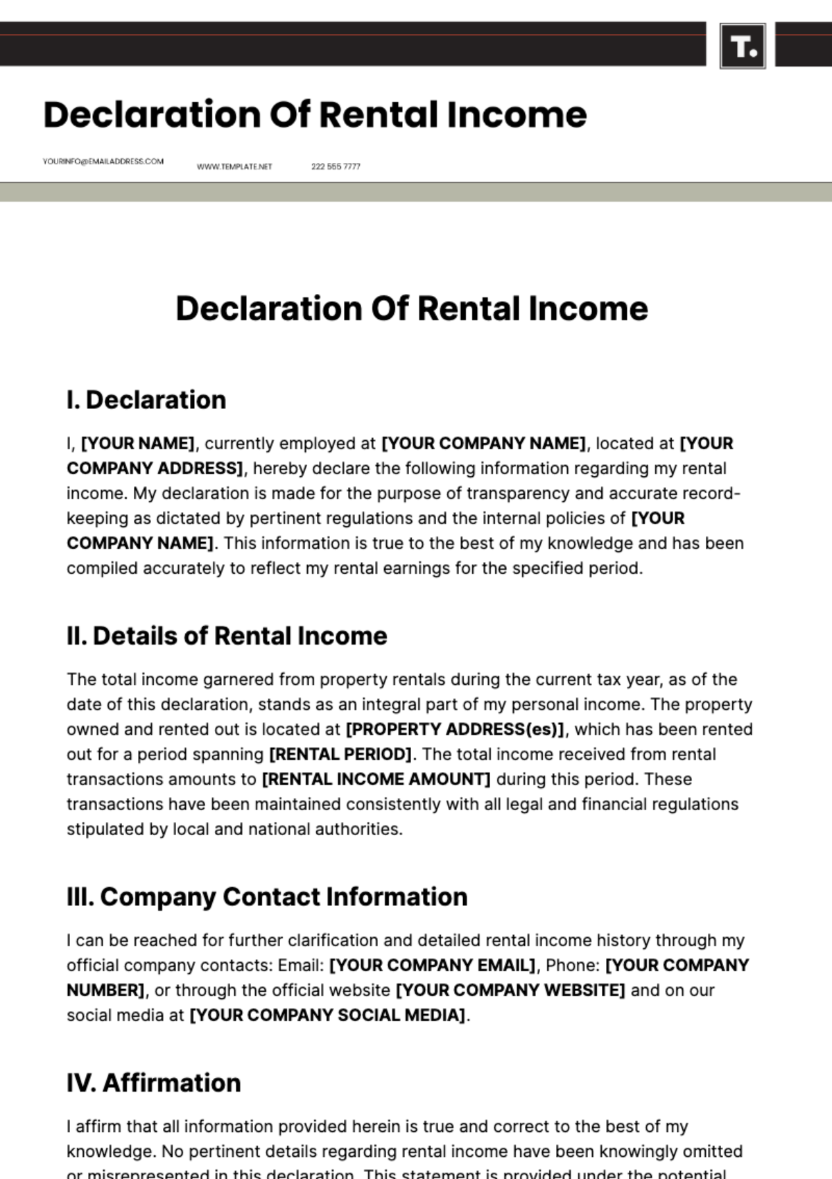Free Declaration Of Rental Income Template
