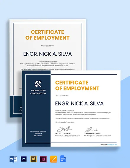 Free Editable Construction Certificate Psd Ai Word