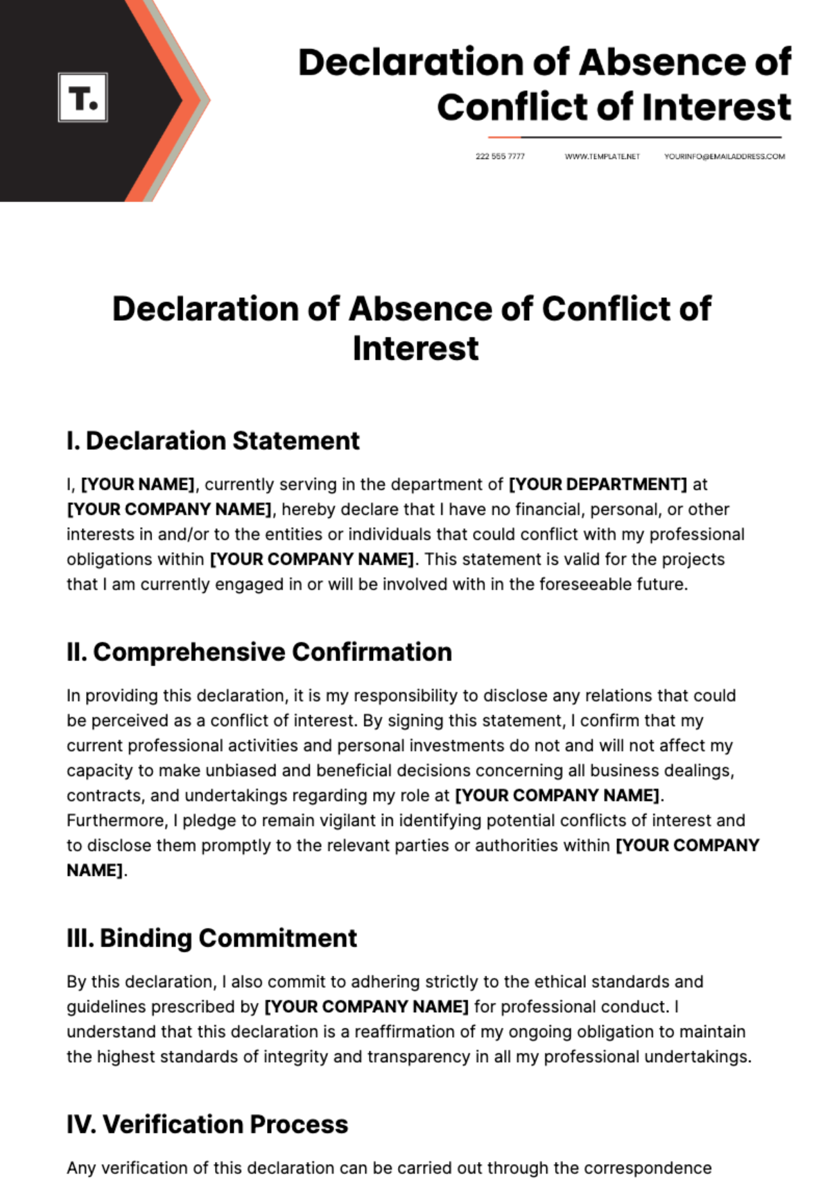 Free Declaration of Absence of Conflict of Interest Template