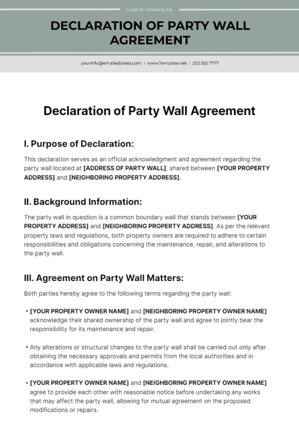 Declaration of Party Wall Template