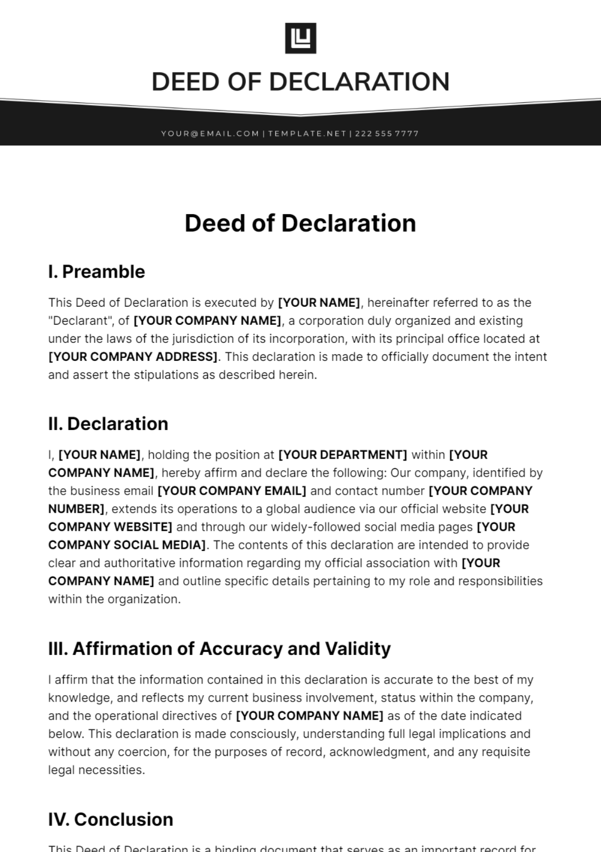 Free Deed of Declaration Template