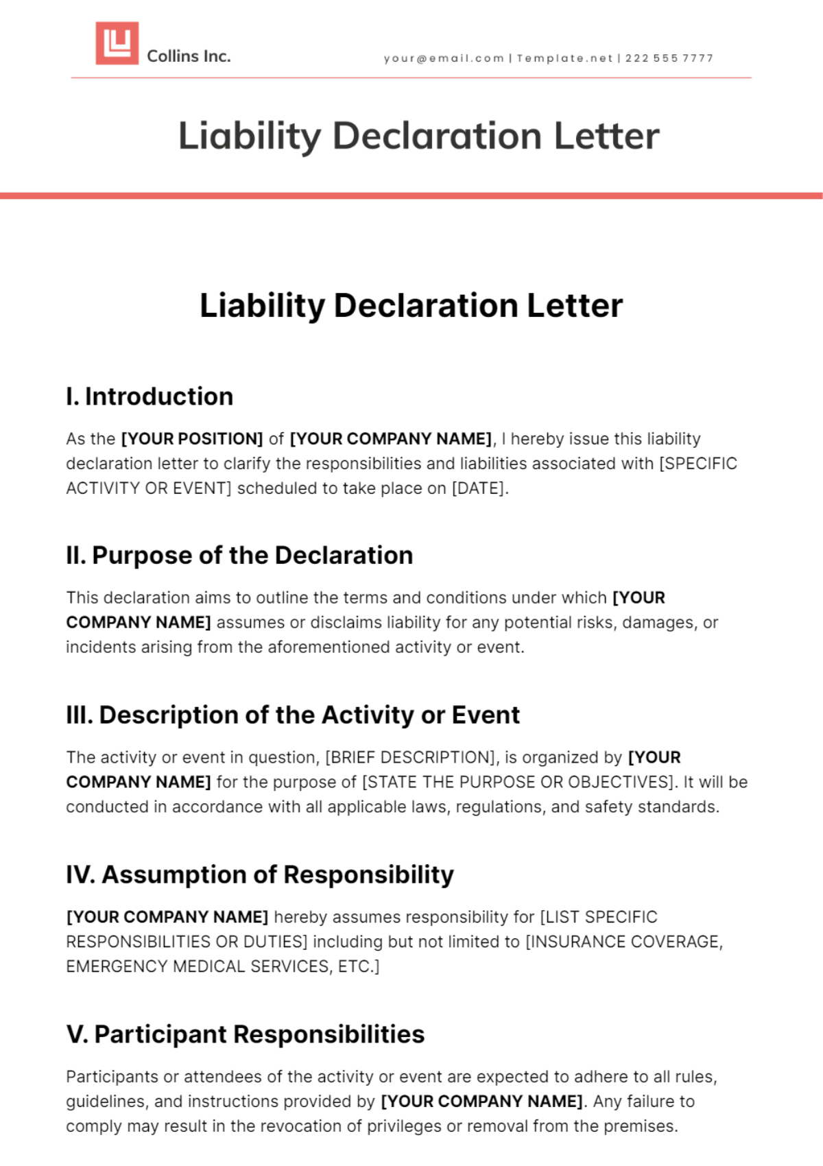 Free Liability Declaration Letter Template