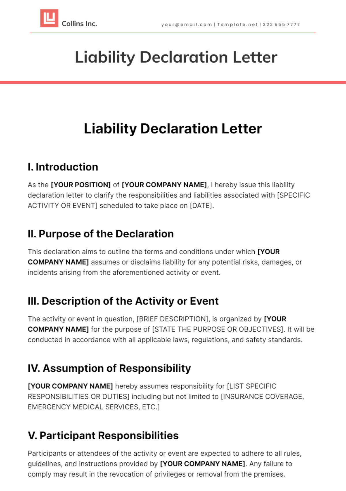 Liability Declaration Letter Template - Edit Online & Download