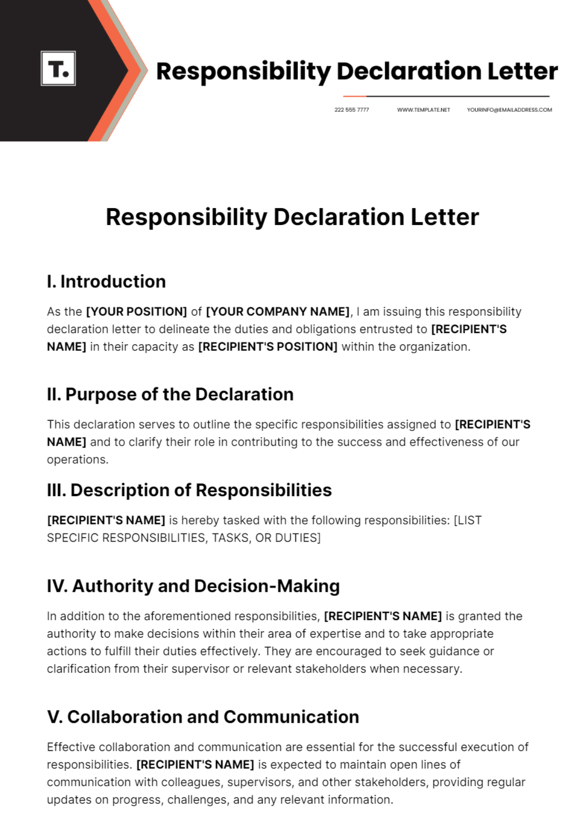 Free Responsibility Declaration Letter Template