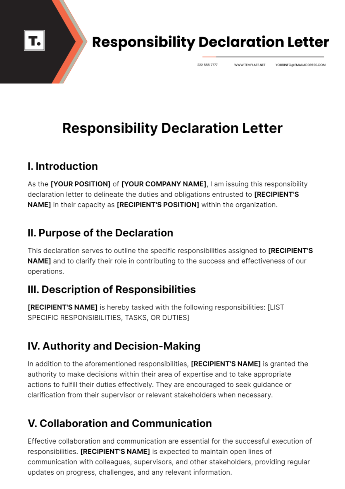 Responsibility Declaration Letter Template - Edit Online & Download