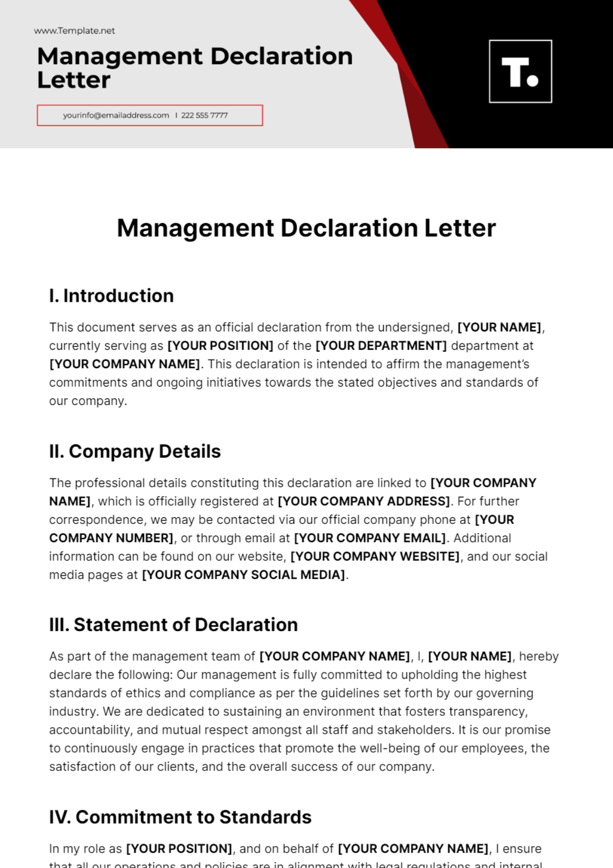 Management Declaration Letter Template