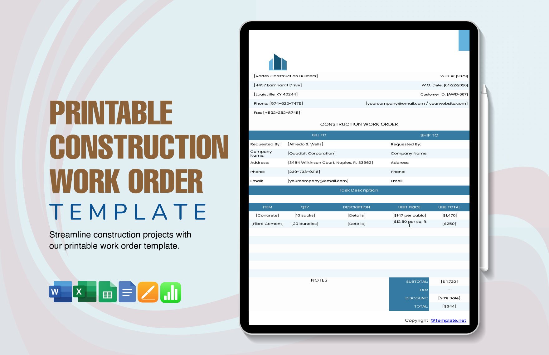 Printable Construction Work Order Template in Apple Pages, Apple Numbers, Excel, Word, Google Docs, Google Sheets - Download | Template.net