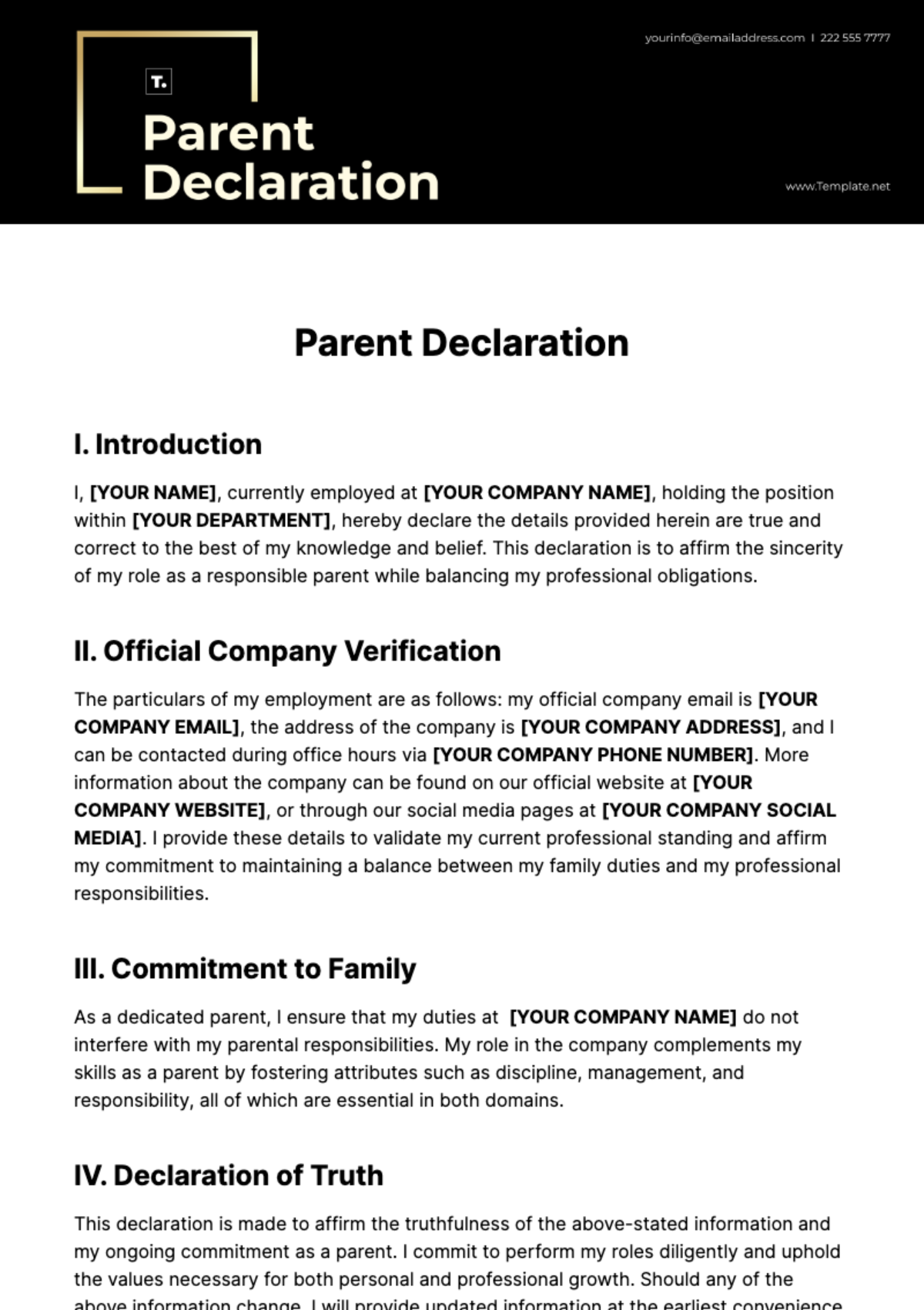 Parent Declaration Template