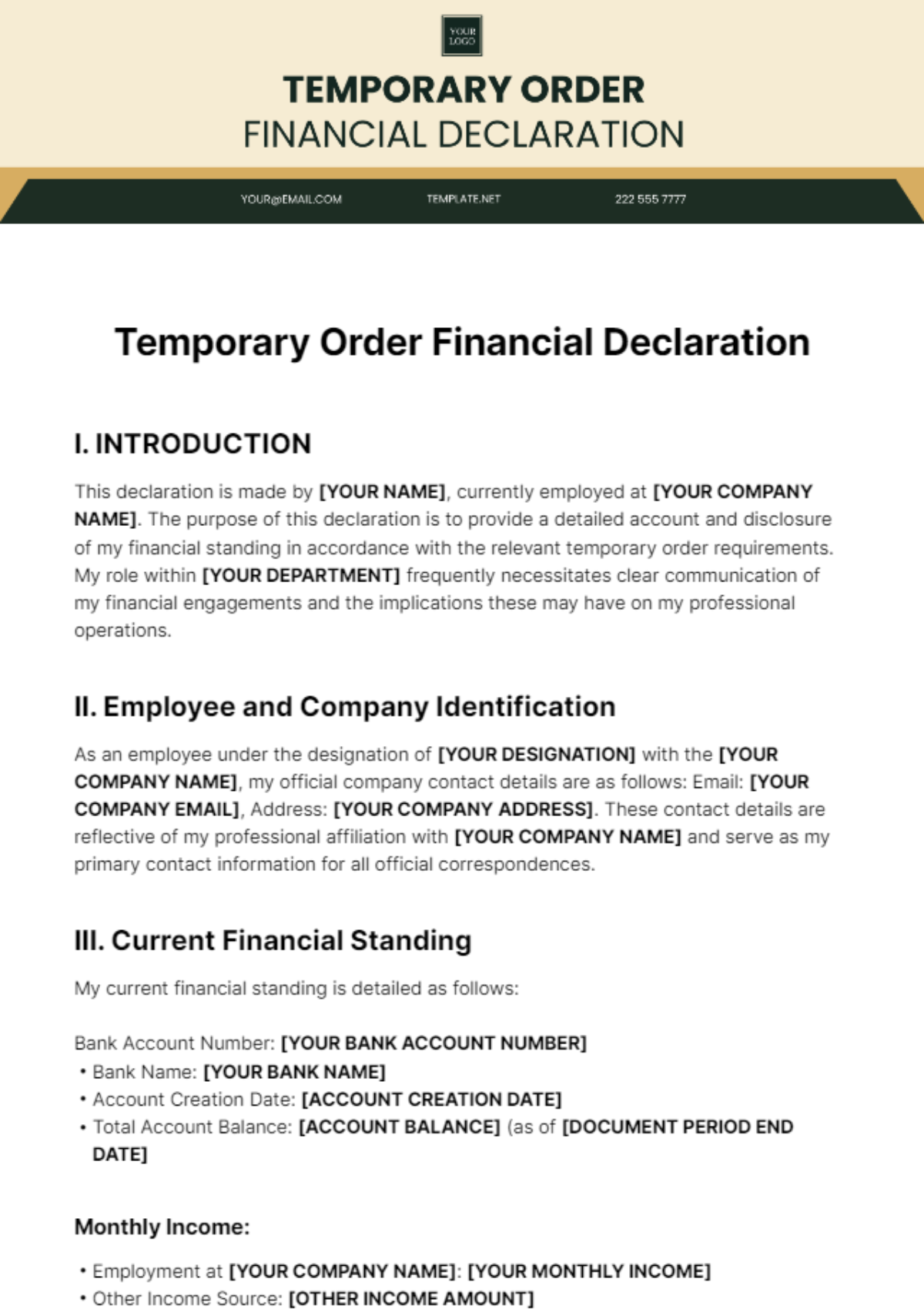 Temporary Order Financial Declaration Template