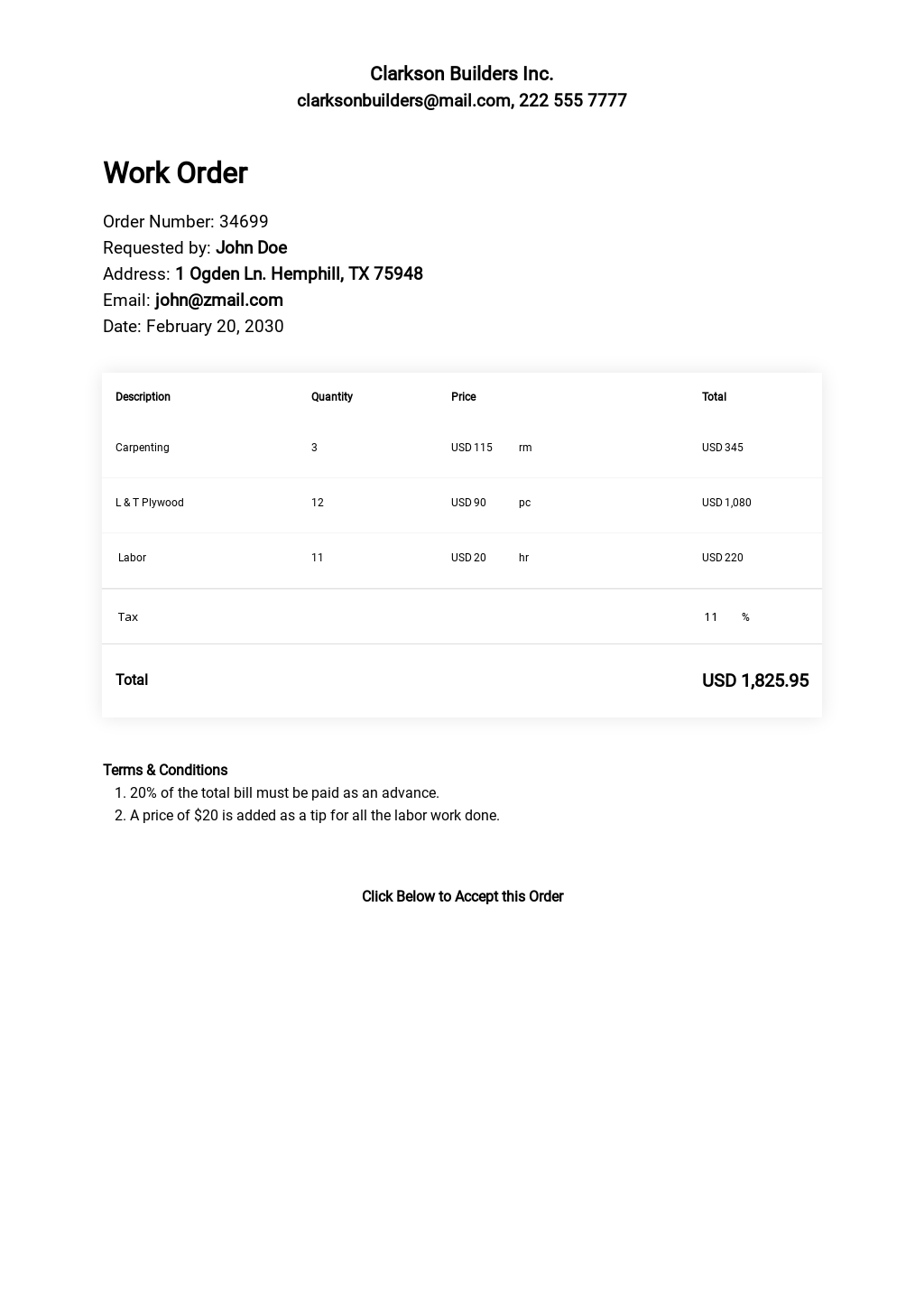 Civil Construction Work Order Template in Google Docs, Google Sheets