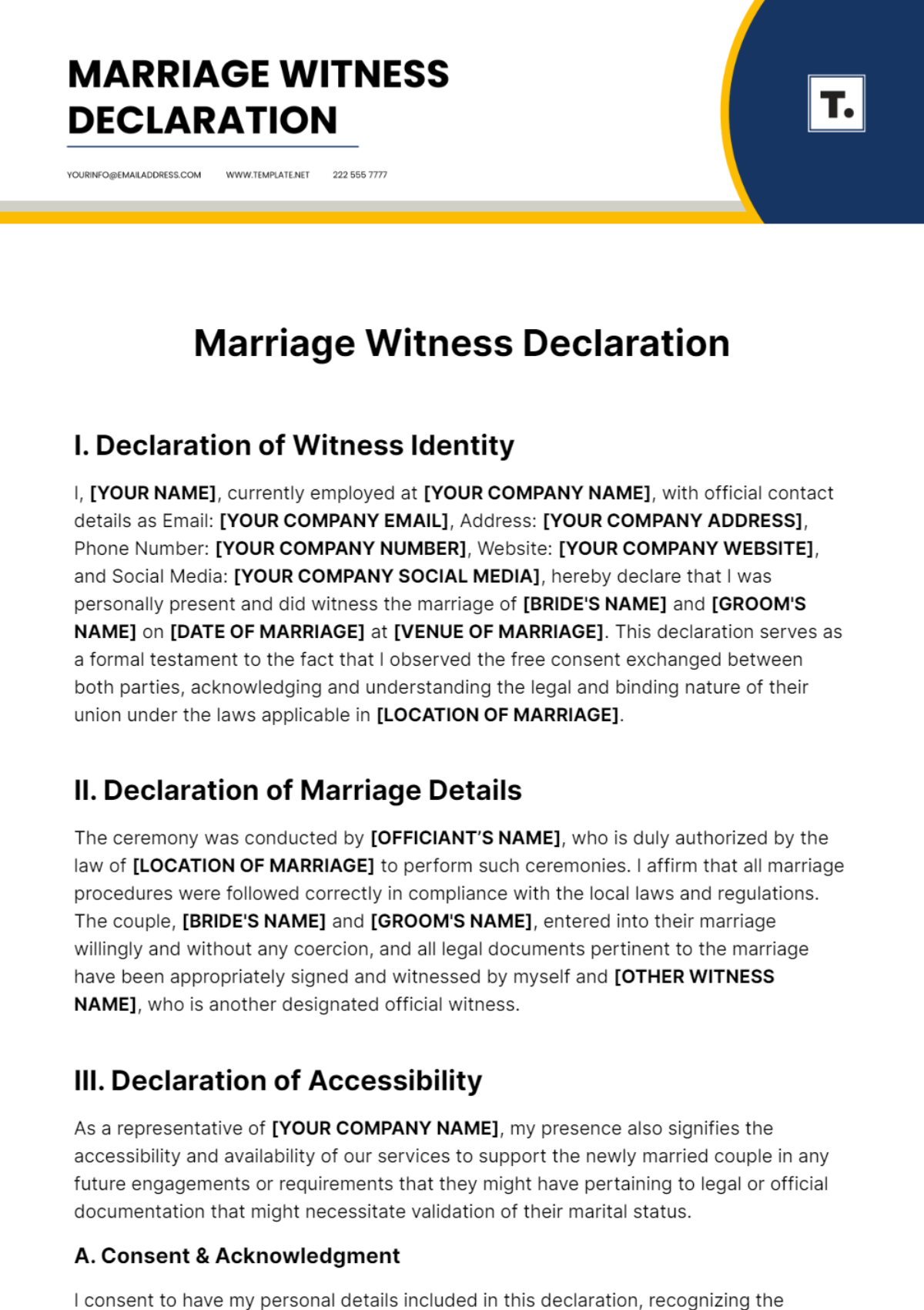 Free Marriage Witness Declaration Template