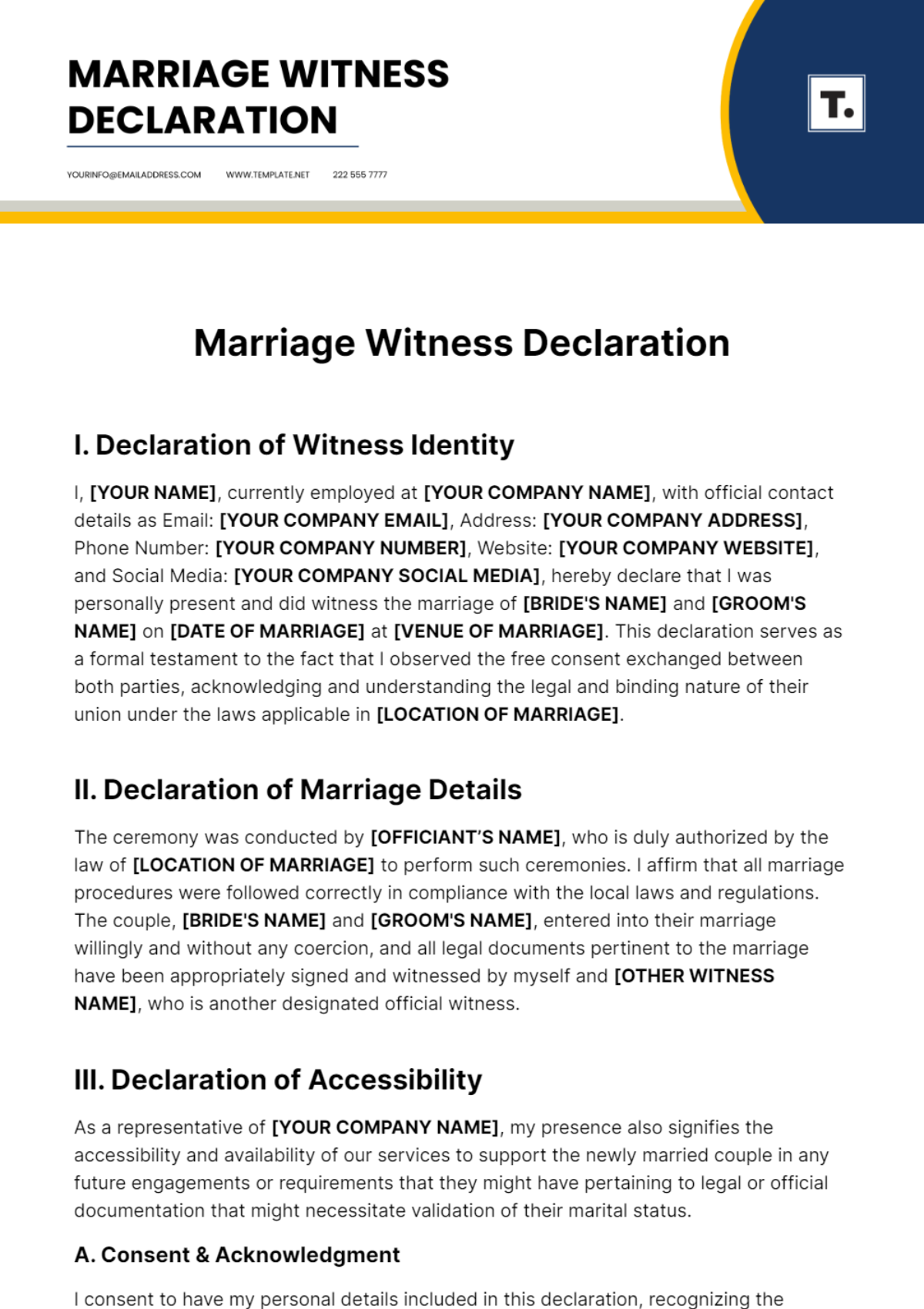 Marriage Witness Declaration Template - Edit Online & Download