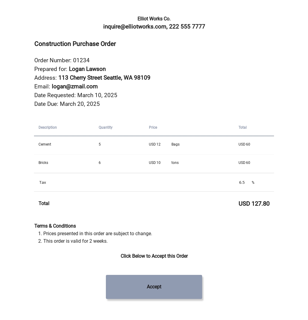 FREE Sample Construction Work Order Word Excel Pages Numbers