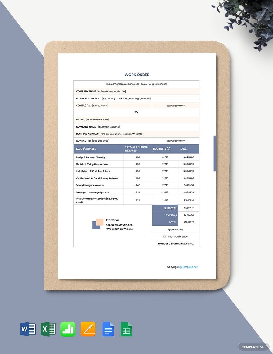 Free Sample Construction Work Order Template