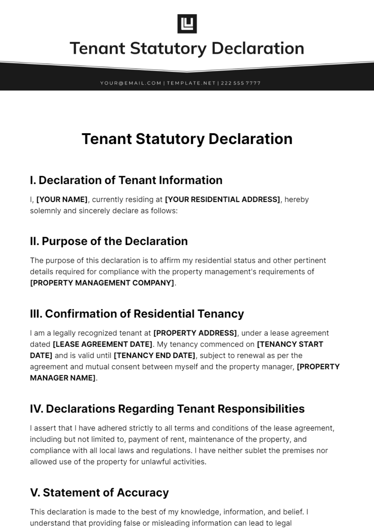 Free Tenant Statutory Declaration Template