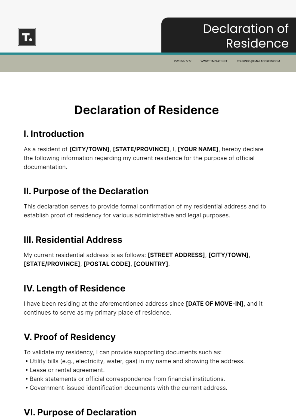 Free Declaration of Residence Template