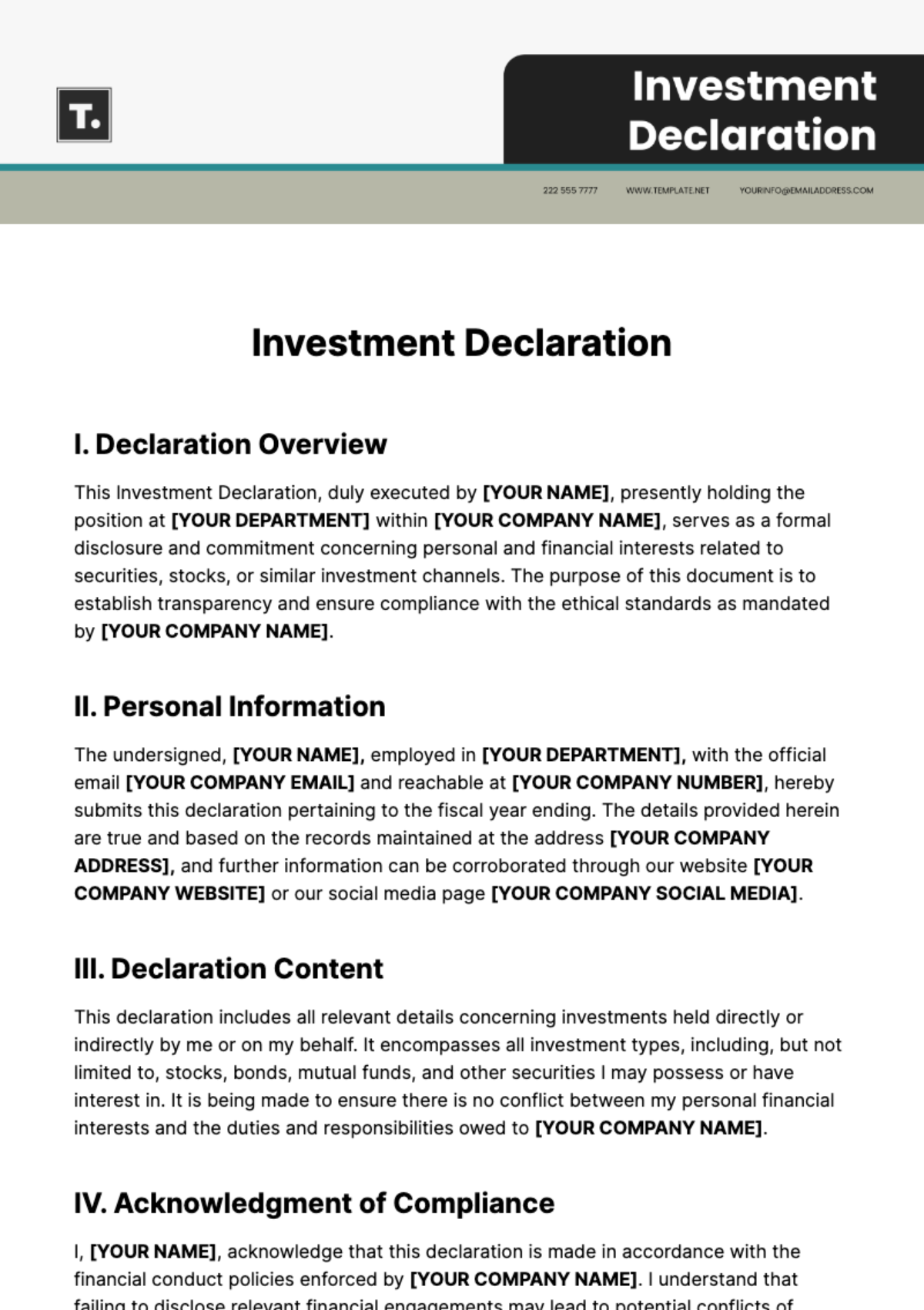 Free Investment Declaration Template