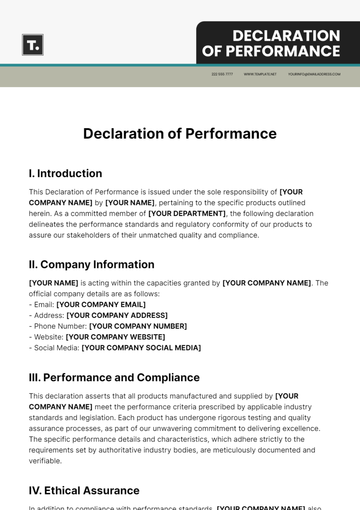 Free Declaration of Performance Template