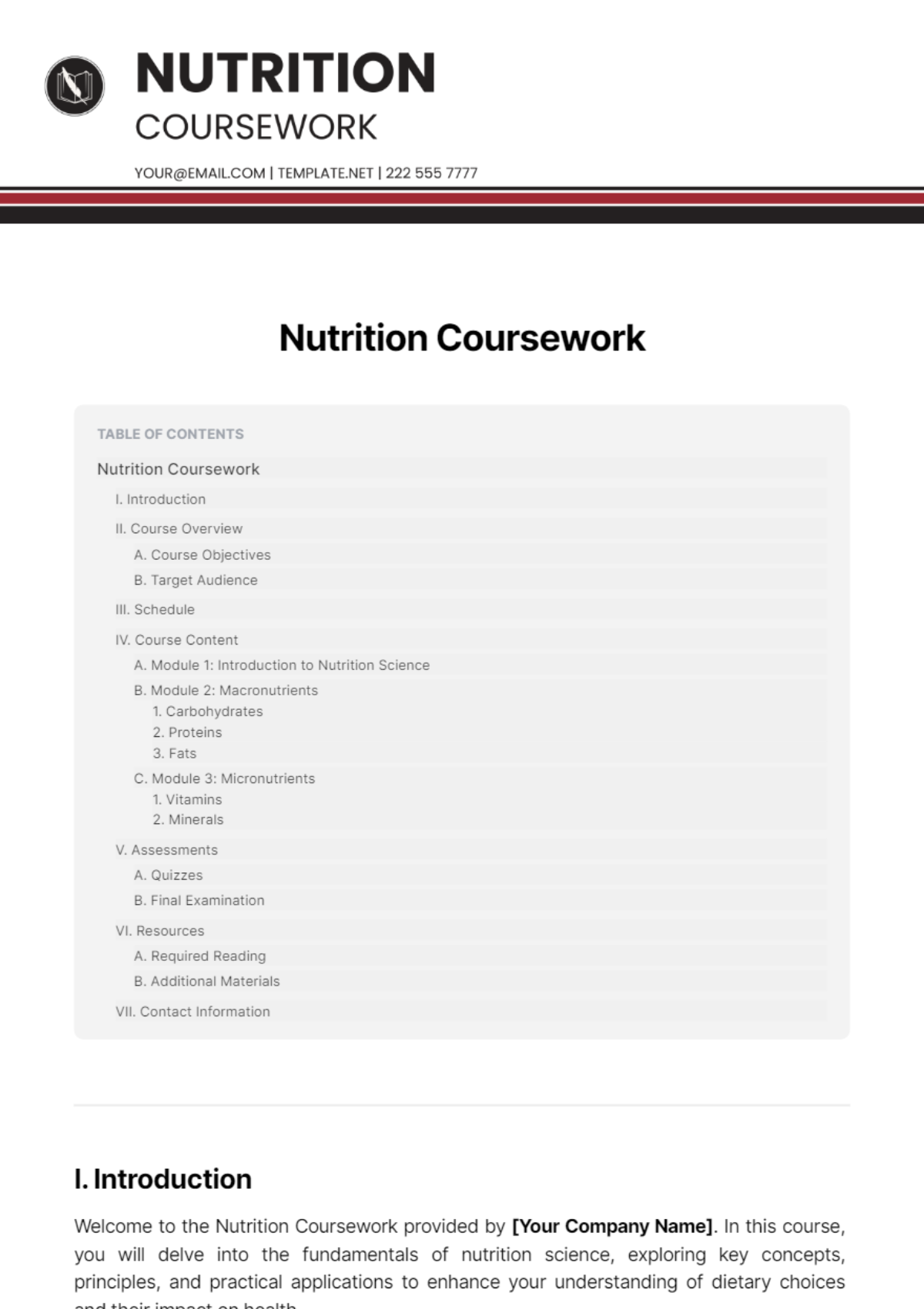 Nutrition Coursework Template - Edit Online & Download