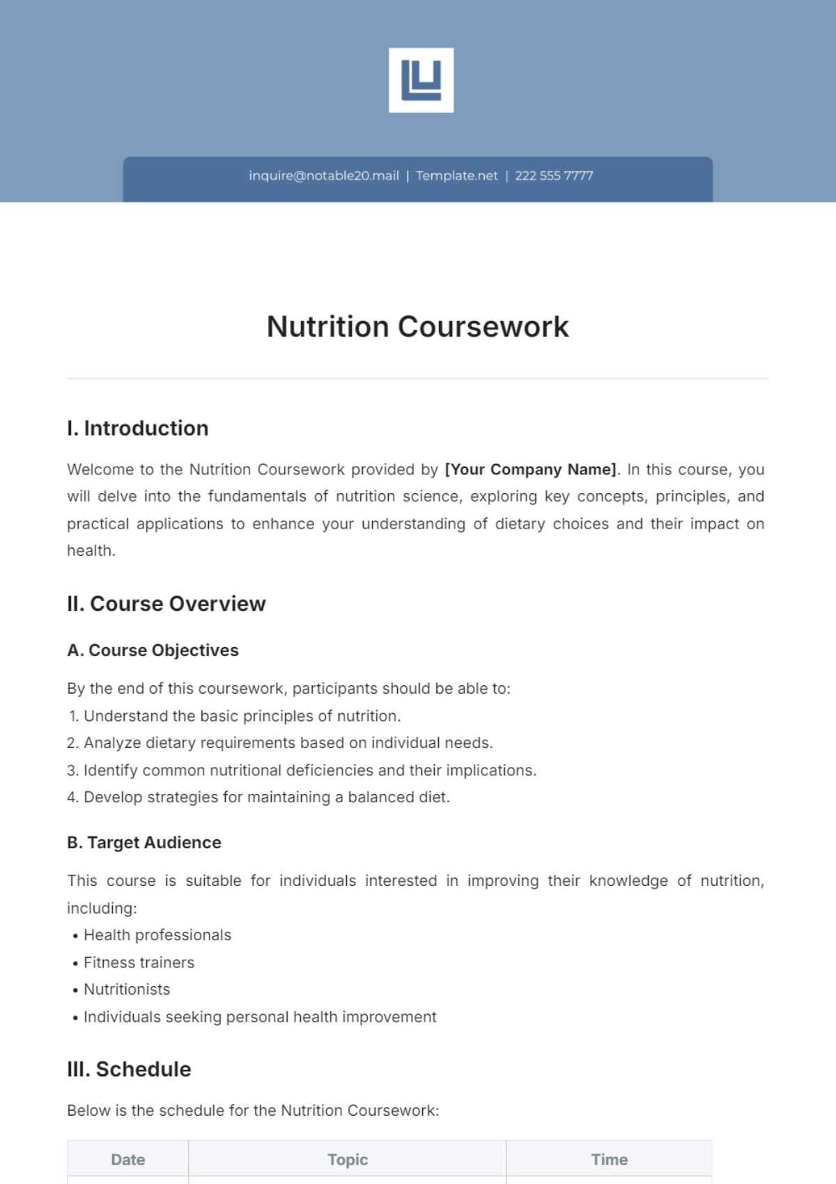 Nutrition Coursework Template - Edit Online & Download